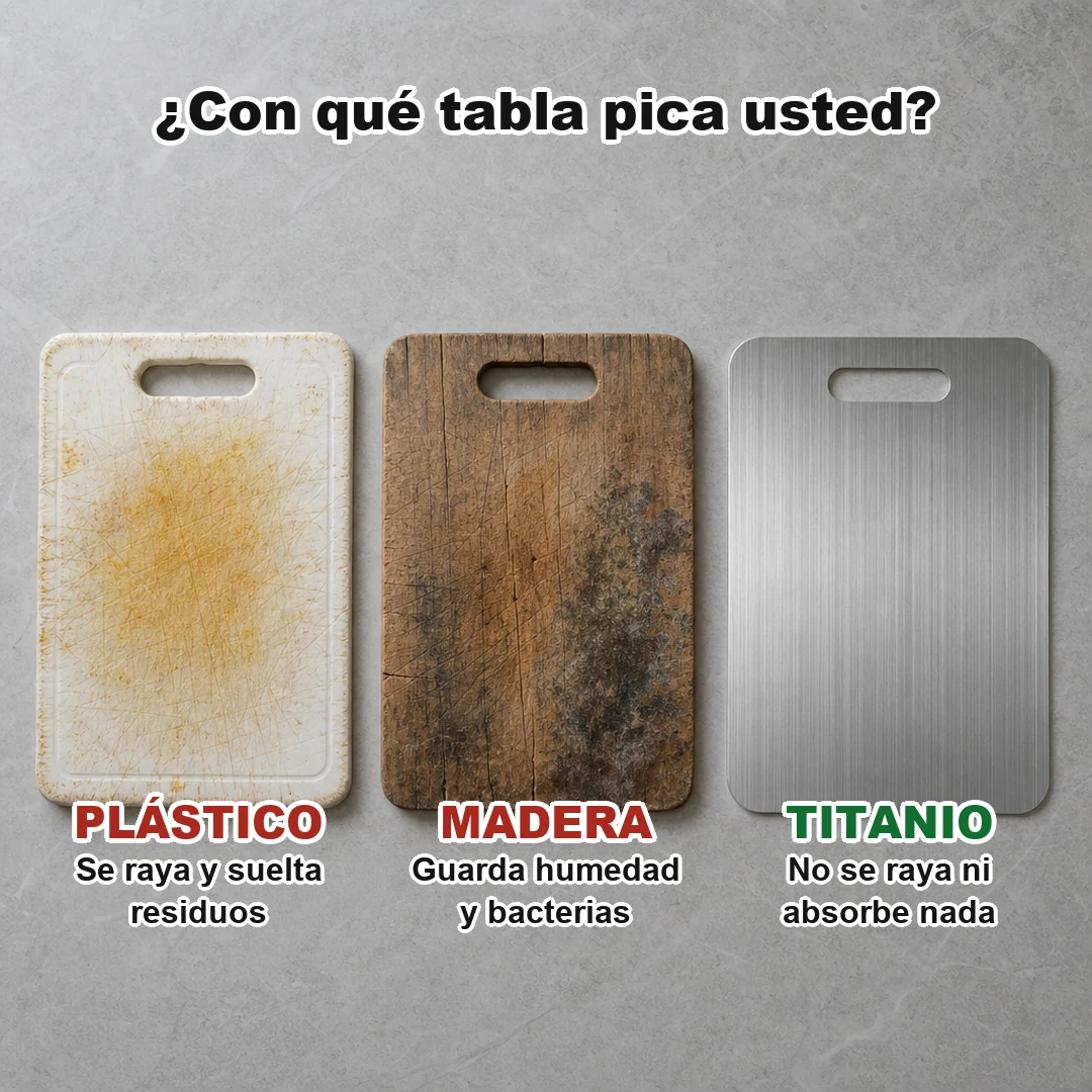 Comparación: tabla de plástico rayada, tabla de madera manchada y tabla de titanio limpia